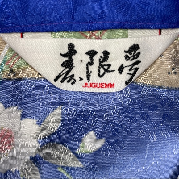 Vintage Juguemm Japanese Geisha & Cherry Blossoms Print Kimono Robe - Blue - Picture 3 of 13